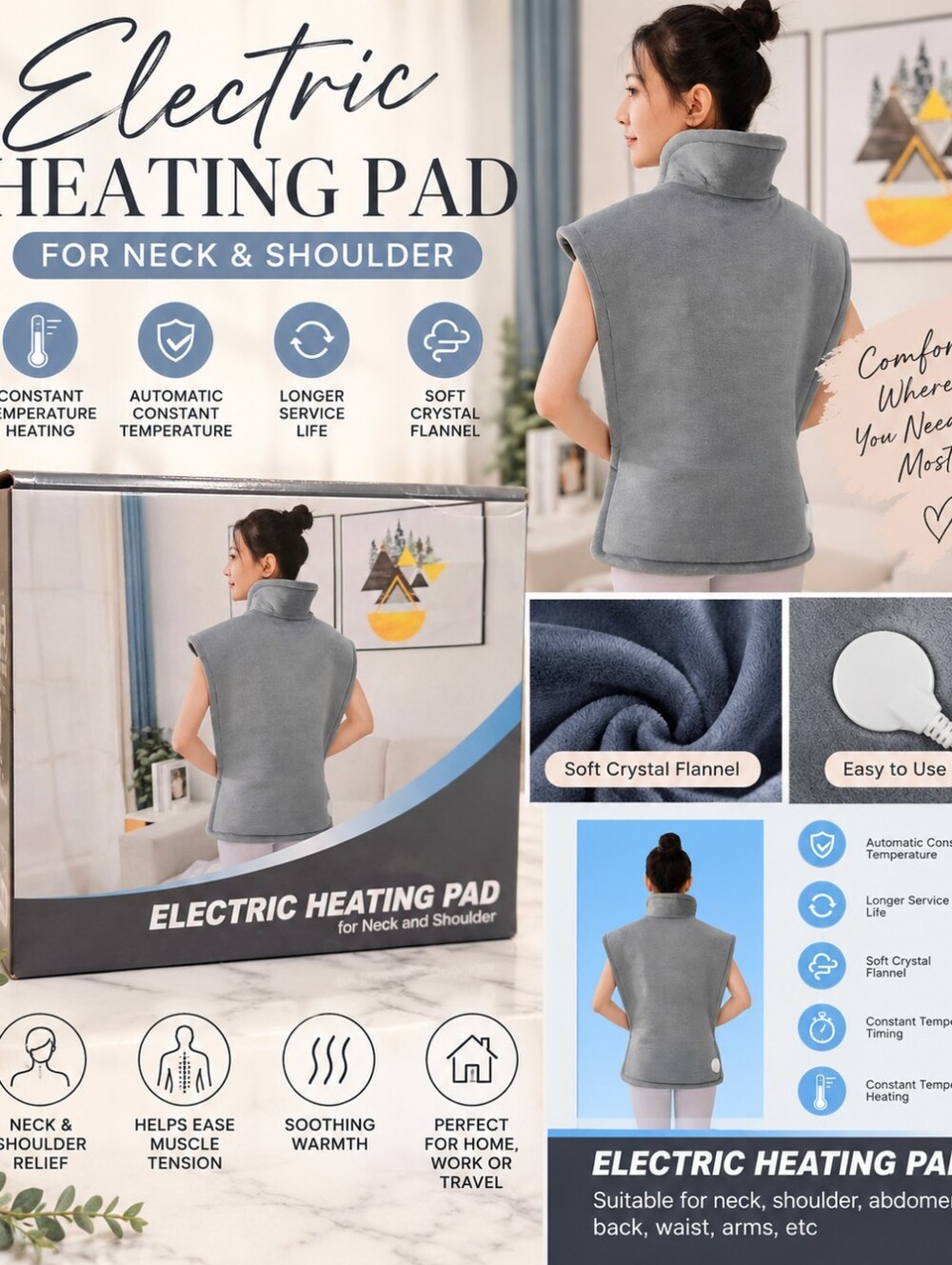 NEW Electric Heating Pad Neck Shoulder Back Soft Flannel Gray Wrap